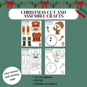 Quebra-nozes e boneco de neve de Natal para recortar e montar | Páginas para colorir + moldes para artesanato | Recorte e monte | Atividade infantil