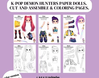K-Pop Dämonenjäger Papierpuppen | Ausschneiden, Zusammenbauen & Ausmalen | Druckbare Chibi-Charaktere.