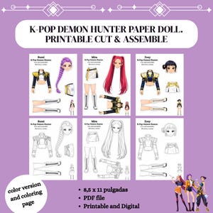 May include: A printable K-Pop Demon Hunter paper doll set with cut and assemble instructions. The set includes color and coloring page options, featuring dolls named Rumi, Mira, and Zoey. The set is 8.5 x 11 inches and available as a PDF file.