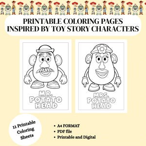 May include: Printable colouring pages featuring Mr. and Mrs. Potato Head line art. The text reads PRINTABLE COLOURING PAGES INSPIRED BY TOY STORY CHARACTERS, MR. POTATO HEAD, MRS. POTATO HEAD, 11 Printable Colouring Sheets, A4 FORMAT, PDF file, Printable and Digital.