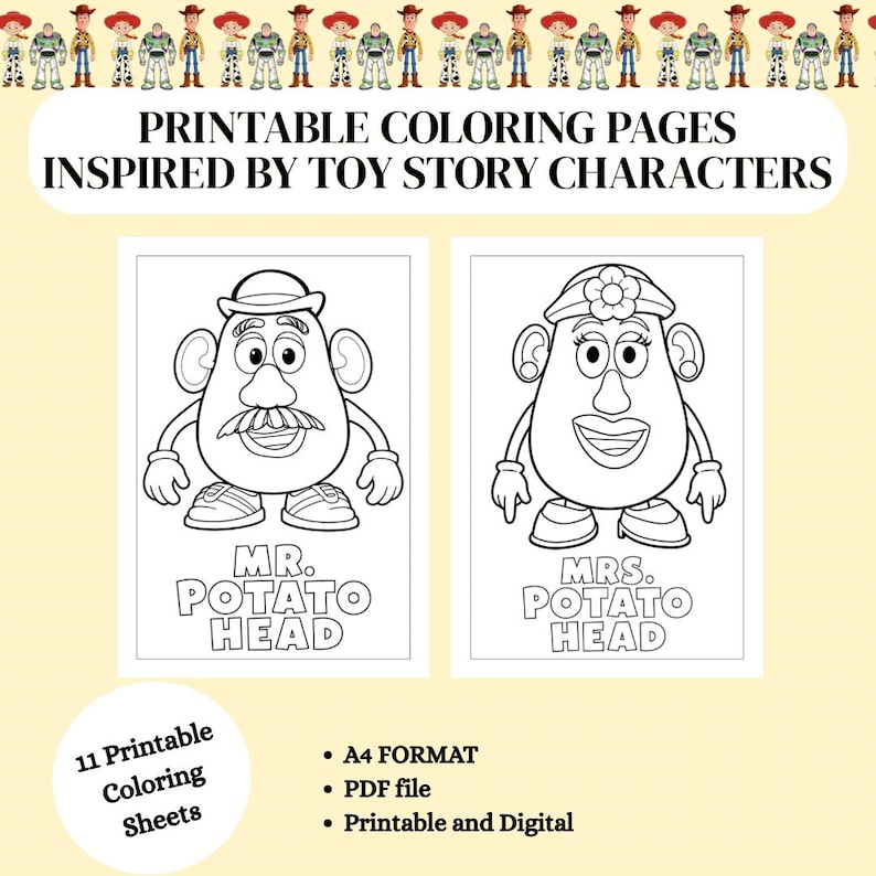 May include: Printable colouring pages featuring Mr. and Mrs. Potato Head line art. The text reads PRINTABLE COLOURING PAGES INSPIRED BY TOY STORY CHARACTERS, MR. POTATO HEAD, MRS. POTATO HEAD, 11 Printable Colouring Sheets, A4 FORMAT, PDF file, Printable and Digital.