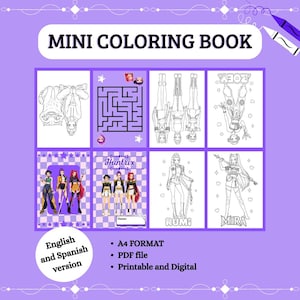 Puede incluir: Un mini libro para colorear en formato A4 con ocho páginas distintas que incluyen ilustraciones de líneas en blanco y negro de personajes, un laberinto y el texto Huntrix, Rumi y Miira. El archivo PDF digital es imprimible en inglés y español.