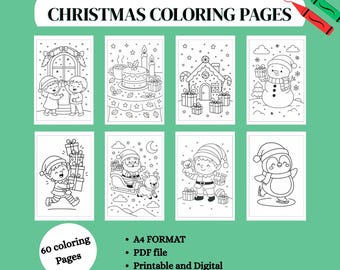 Christmas coloring pages for kids | Cute kawaii holiday coloring book | santa, animals, gifts | printable PDF