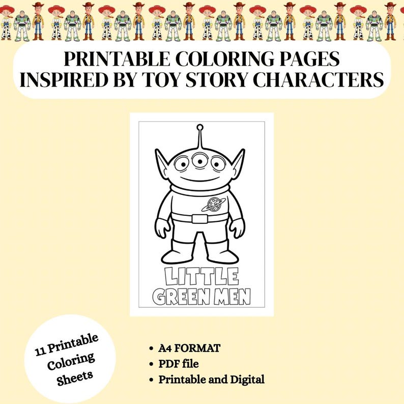 May include: Printable colouring pages inspired by Toy Story characters featuring a black and white line art illustration of a three-eyed alien with the text LITTLE GREEN MEN. The set includes 11 printable colouring sheets in A4 format as a PDF file.