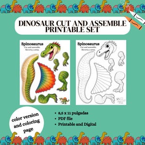 Könnte beinhalten: Ein druckbares Dinosaurier-Ausschneide- und -Zusammenbau-Set mit einem Spinosaurus. Das Set enthält eine Farbversion und eine Malvorlage. Der Druck ist 21,59 cm x 27,94 cm groß und als PDF-Datei, druckbar und digital verfügbar.