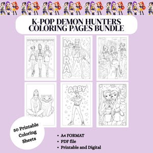 Puede incluir: Un paquete de 50 páginas para colorear imprimibles de K-Pop Demon Hunters. Las páginas incluyen ilustraciones de personajes de estilo anime, con los nombres "MIRA" y "ABBY". El paquete está en formato A4, un archivo PDF, imprimible y digital.