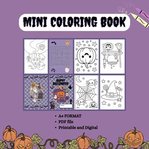 K&ouml;nnte beinhalten: Ein Mini-Malbuch mit Halloween-Illustrationen. Auf dem Cover steht "MINI COLORING BOOK". Im Inneren befinden sich Zeichnungen von K&uuml;rbissen, Geistern und anderen gruseligen Bildern. Das Buch hat das A4-Format, ist eine PDF-Datei und ist druckbar.