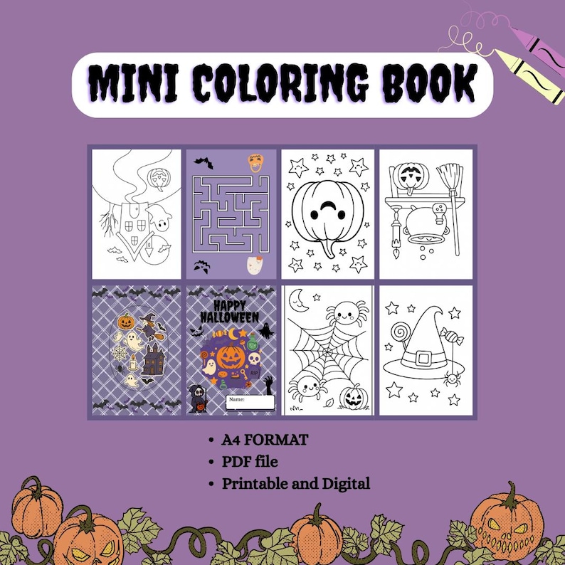 K&ouml;nnte beinhalten: Ein Mini-Malbuch mit Halloween-Illustrationen. Auf dem Cover steht "MINI COLORING BOOK". Im Inneren befinden sich Zeichnungen von K&uuml;rbissen, Geistern und anderen gruseligen Bildern. Das Buch hat das A4-Format, ist eine PDF-Datei und ist druckbar.