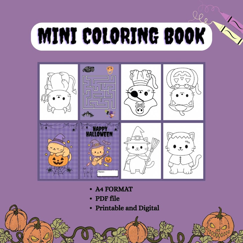 May include: A purple-themed mini coloring book with Halloween-themed illustrations. The cover reads "MINI COLORING BOOK" in white. The book includes images of cats in costumes, mazes, and pumpkins. The format is A4, PDF file, printable and digital.