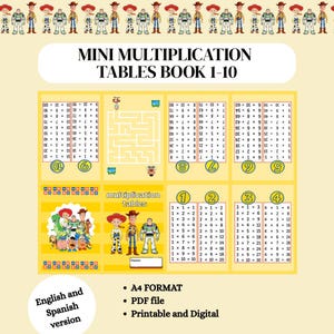 Puede incluir: Un libro de mini tablas de multiplicar 1-10 imprimible con personajes de Toy Story. El diseño incluye ecuaciones, un laberinto e ilustraciones. Texto: MINI MULTIPLICATION TABLES BOOK 1-10, English and Spanish version, A4 FORMAT, PDF file, Printable and Digital.