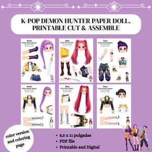 Puede incluir: Juego de muñecas de papel K-Pop Demon Hunter imprimible con instrucciones de corte y montaje. El juego incluye tres personajes con varios atuendos y accesorios. El texto de la imagen dice "color version and coloring page".