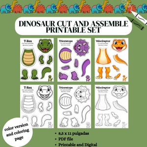 Puede incluir: Un juego imprimible de cortar y ensamblar dinosaurios con diseños de T-Rex, Triceratops y Velociraptor. Incluye opciones de color y para colorear. El conjunto es de 21,6 x 27,9 cm, un archivo PDF, imprimible y digital.