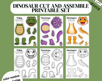 Dinosaurier-Bastelset zum Ausschneiden und Zusammenbauen | Velociraptor, T-Rex & Triceratops | Bastelidee für Kinder