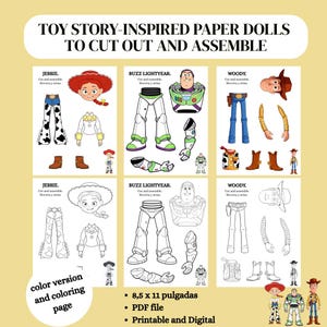 Puede incluir: Una descarga digital imprimible con muñecas de papel inspiradas en Toy Story. El diseño incluye versiones en color y para colorear de Jessie, Buzz Lightyear y Woody. El texto dice "TOY STORY-INSPIRED PAPER DOLLS TO CUT OUT AND ASSEMBLE". Las muñecas miden 21,6 x 27,9 cm.