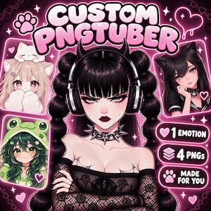 May include: A digital graphic featuring the text CUSTOM PNGTUBER with three anime-style character illustrations. The central figure has black hair, horns, headphones, and a spiked choker. Side panels show a cat-themed character and a frog-themed character.