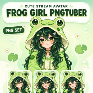 May include: A digital illustration set featuring a character with long dark green hair wearing a light green frog-themed hoodie. The text reads CUTE STREAM AVATAR, FROG GIRL PNGTUBER, and PNG SET. The character has large green eyes and a small smile.