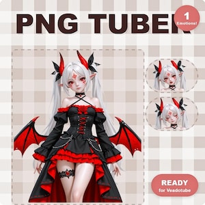 Könnte beinhalten: Eine digitale Illustration eines Charakters mit weißen Haaren, roten Augen und teufelsartigen Hörnern. Der Charakter trägt ein schwarz-rotes Kleid mit fledermausartigen Flügeln. Der Text "PNG TUBER" steht oben, mit "READY for VeadoTube" unten.