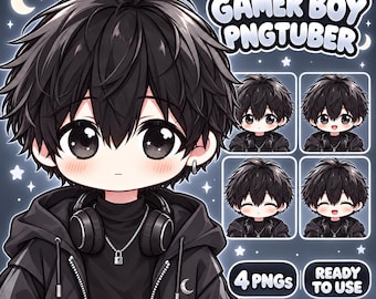 May include: A digital illustration of a character with black hair, wearing a black hoodie and headphones with a silver padlock necklace. The text reads GAMER BOY PNGTUBER, 4 PNGS, and READY TO USE. The character has large eyes and a crescent moon.