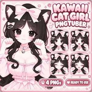 Pode incluir: Um conjunto de ilustrações digitais com uma personagem de cabelos escuros longos, orelhas de gato e um laço rosa, vestindo um vestido rosa e uma coleira com guizo. O texto diz KAWAII CAT GIRL PNGTUBER, 4 PNGs e READY TO USE, com quatro variantes.
