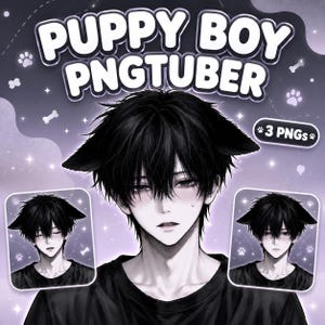 May include: A digital illustration of a puppy boy character with black hair and animal ears, featuring the text PUPPY BOY PNGTUBER and 3 PNGs. The character has a pale complexion, flushed cheeks, and wears a black shirt against a purple background.