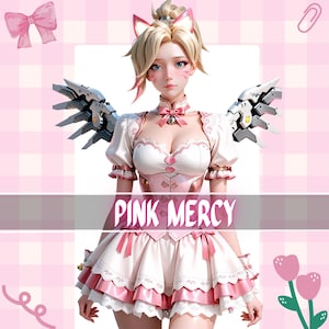 May include: A digital illustration of a character in a pink and white outfit with cat ears and mechanical wings. The text "PINK MERCY" is displayed across the image. The character has blonde hair and pink accents.