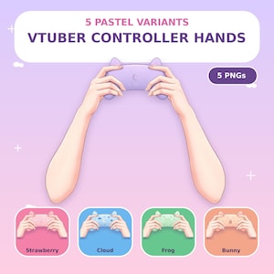 Pode incluir: Um conjunto de ilustrações digitais intitulado 5 PASTEL VARIANTS VTUBER CONTROLLER HANDS 5 PNGS. Apresenta um par de mãos ilustradas segurando um controle de jogo lavanda com orelhas de gato, com quatro variantes menores rotuladas como Strawberry, Cloud, Frog e Bunny.