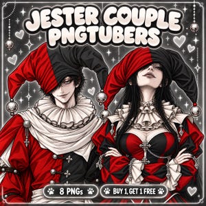 Op de afbeelding: Digitale illustratie van twee narrenfiguren in rood-zwarte kostuums met rucheskragen en narrenmutsen. De tekst JESTER COUPLE PNGTUBERS, 8 PNGs en BUY 1, GET 1 FREE is weergegeven. De achtergrond bevat witte harten en sterren.