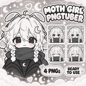 May include: A digital illustration of a moth character with white hair, antennae, and a dark scarf, labeled MOTH GIRL PNGTUBER. The set includes four distinct facial expressions in square frames, with the text 4 PNGs and READY TO USE included.