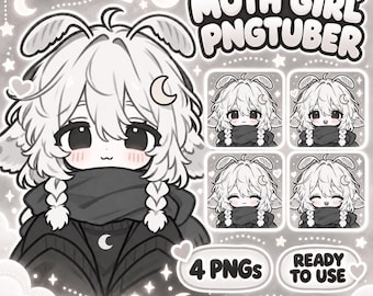 Puede incluir: Una ilustración digital de un personaje polilla con cabello blanco, antenas y una bufanda oscura, etiquetada como MOTH GIRL PNGTUBER. El conjunto incluye cuatro expresiones faciales distintas en marcos cuadrados, con el texto 4 PNGs y READY TO USE.