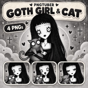 May include: A digital illustration set titled PNGTUBER GOTH GIRL & CAT featuring 4 PNGs. The artwork depicts a character with long black hair, star-shaped eye markings, and a cross necklace, holding a cat. The background includes crosses, hearts, and stars.