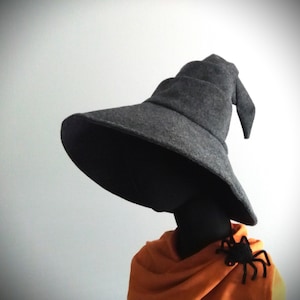May include: A gray witch hat with a wide brim and a pointed top. The hat is made of a felt-like material. An orange cape is worn underneath the hat, with a black spider pin attached. The hat is a Halloween costume accessory.