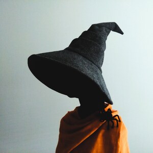 May include: A dark gray witch hat with a wide brim and a pointed top. The hat is worn over an orange hooded garment, with a black spider pinned to the shoulder. The image has a Halloween theme.