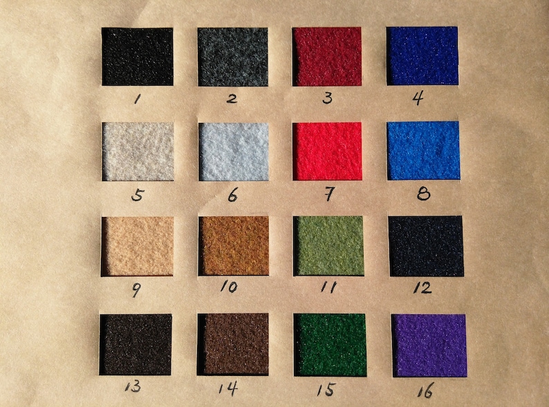 May include: A color chart featuring sixteen fabric swatches in various colors, including black, gray, red, blue, beige, and green. Each swatch is labeled with a number from 1 to 16, providing a visual guide for color selection.