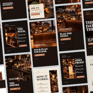 Pode incluir: Uma coleção de modelos de marketing digital para um serviço de bar móvel, com esquemas de cores castanho escuro e creme e sobreposições de texto como THE BAR, THE POUR, THE DRINKS e HOW IT WORKS, apresentando layouts de eventos e menus.