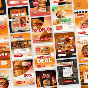 Op de afbeelding: Een verzameling digitale marketingflyers voor een burgerrestaurant met diverse promotiethema's, waaronder weekenddeals, seizoensspecials, klantbeoordelingen en oproepen om online te bestellen, weergegeven in een raster.