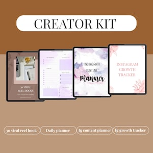 Op de afbeelding: Een digitale Creator Kit met vier tablets. De tablets tonen de tekst "CREATOR KIT", "30 VIRAL REEL HOOKS", "Daily Planner", "Instagram Content Planner" en "Instagram Growth Tracker". De achtergrond is lichtbruin.