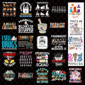 May include: A variety of pharmacy-themed designs on a black backdrop. The graphics feature text such as "Pharmacist," "Antibiotics," and "I Sell Drugs," alongside images of pills, mortars, and cats. The overall theme is humorous and pharmacy-related.