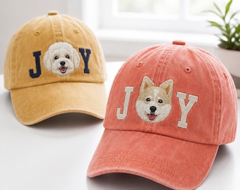 Custom Dog Portrait Embroidered Joy Hat, Washed Baseball Cap Christmas Gift For Pet Mom