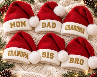 Custom Embroidered Christmas Santa Hat Knit Family Holiday Photo Prop Matching Winter Gift