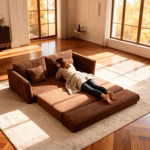 Op de afbeelding: Een bruine modulaire bank met een chaise longue-uitbreiding. De bank heeft een vierkant armleuningontwerp en een bijpassend sierkussen. De verlengde chaise longue staat op een lichtgekleurd tapijt in een zonnige kamer.