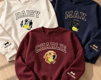 Personalized Pet Portrait Embroidered Sweatshirt Custom Dog Name Sleeve Phrase Owner Lover Gift
