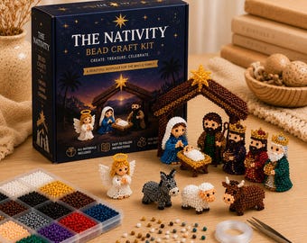 3D Holiday Bead Craft Kit, Manger Scene Beading DIY Set, Family Christmas Craft, Festive Handmade Decor, Kids Gift