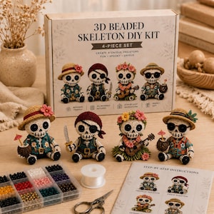 3Dビーズ製エジプトの骸骨DIYキット、ファラオ・アヌビスのミイラ工作セット（4点セット）、初心者向けハロウィンビーズギフト