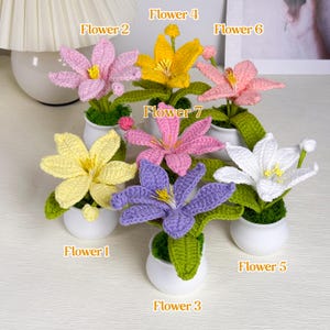 以下が含まれることがあります： 小さな白い鉢に入った、7つの手編みの花のコレクション。花はピンク、黄色、紫、白など様々な色があり、緑の葉が付いています。各花には番号が付けられています。