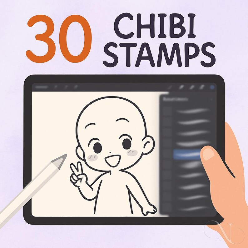 30 Chibi Stamps Procreate Brushes Cute Half Body Poses Line Art ...