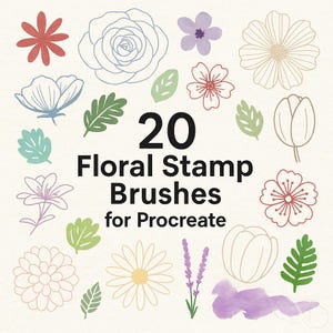 May include: An assortment of 20 floral stamp brushes for Procreate, featuring various flower and leaf designs in shades of red, purple, green, and beige. The text "20 Floral Stamp Brushes for Procreate" is displayed in black.