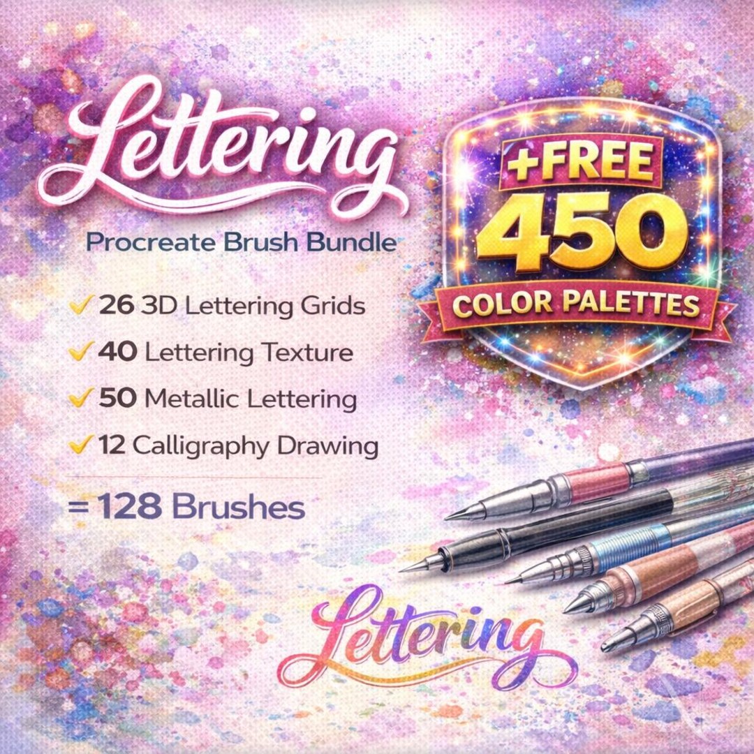 128 Lettering Procreate Brushes Bundle, 3D Grids Metallic Lettering ...