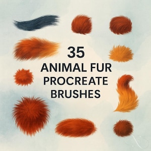 May include: An image showcasing 35 animal fur Procreate brushes. The brushes are in various shapes and shades of orange, brown, and dark blue. The text "35 ANIMAL FUR PROCREATE BRUSHES" is centered in the image.