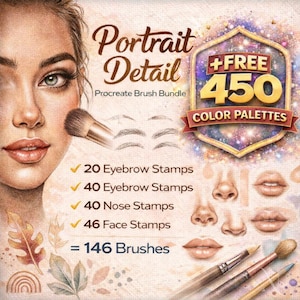 May include: Digital art bundle for Procreate, featuring a portrait detail theme. Includes 146 brushes, 20 eyebrow stamps, 40 eyebrow stamps, 40 nose stamps, and 46 face stamps. Also includes 450 free color palettes.