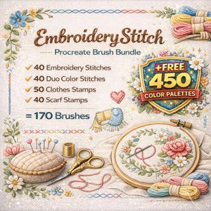 Paquete de 170 pinceles de bordado para Procreate, pinceles de puntada, hilo de dos colores para ropa, sellos para bufandas, diseño textil, 450 paletas de colores gratuitas.